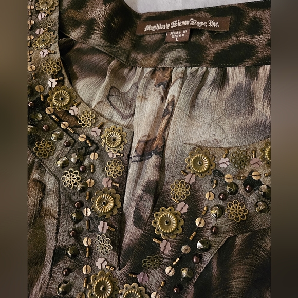 Mushkaby Sienna Rose Tops - Mushkaby Sienna Rose Beaded Animal Print Flowy Large Blouse